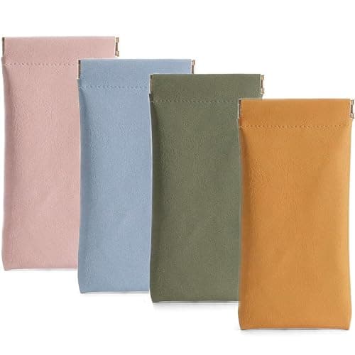 Soft Glasses Case 4 Pack, Portable Squeeze Top Leather Glasses Case for Protecting Glasses, Travel Eyeglass Sunglasses Case Water Proof Glasses Pouch Storage Bags Suitable for Women Men Students Kids