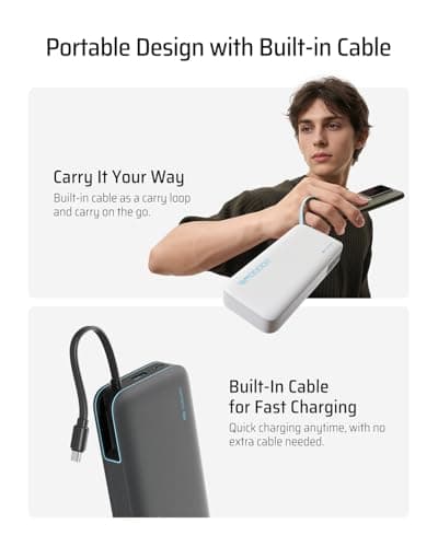 CUKTECH 45W Power Bank, 20000mAh Portable Charger with Built in USB C Cable, Fast Charging Battery Pack with 3 Output 2 Input for iPhone16 Series, Samsung, Pixel, iPad and More (Black) — view 4