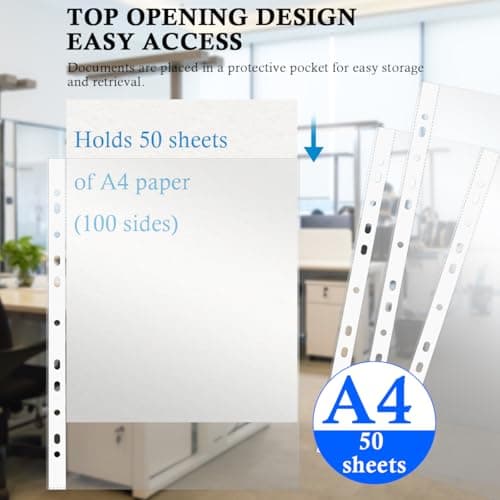 DODUOS A4 Display Folder 4 Ring, Black A4 Presentation Folder with Plastic Pockets 50pcs and 6 Colorful PP Divider Pages, 4 Ring Binder Folders for Documents Certificates, Receipts — view 3