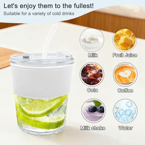 LTHERMELK Tumbler with Straw and Lid - 400ml Glass Straws, Cold Brew Iced Coffee Cup for Car Travel, Reusable Frosted Glass Tumbler with Leather Sleeve & Straw — view 4