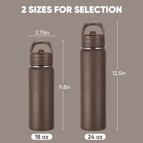Fijinhom 24oz Insulated Stainless Steel Water Bottle with Straws, Double Wall Vacuum Insulated Bottles, Metal Thermo for Travel, Sports, Leak-Proof, BPA Free, Women & Men, Brown — view 2