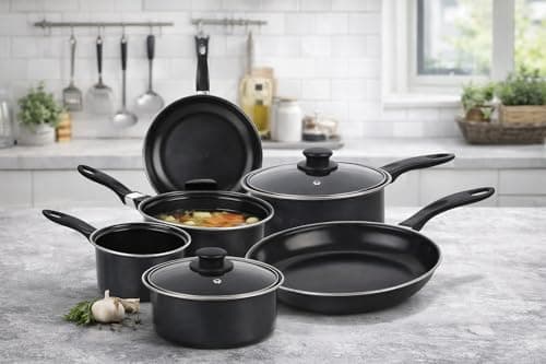 8 Piece Non Stick Cookware Set – Carbon Steel Pots & Pans Set with Lids – Saucepan Set, Frying Pan, Milk Pan – Induction, Gas & Electric Hob Compatible – Black Kitchen Cooking Set — view 3