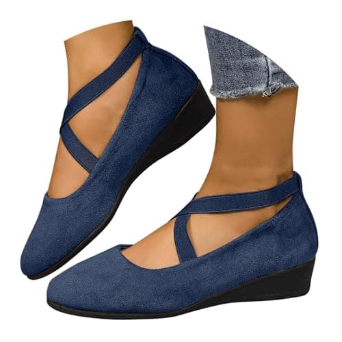 ziubauyke Women's Ballet Flats Closed Toe Crisscross Strap Wedge Shoes Comfy Summer Wide Fit Sole Stretchy Ankle Ballerina Ladies Comfy Dress Elegant Slip-On Pump Shoes Size 6.5 Blue