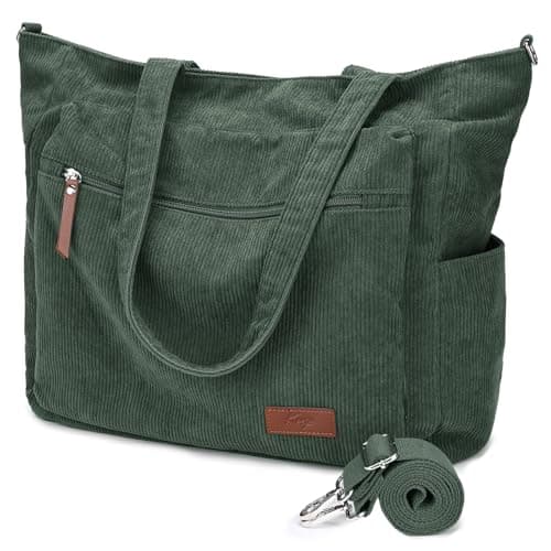 Kasgo Corduroy Tote Bag for Women, XXL 15.6" Laptop Work College Bag, Green