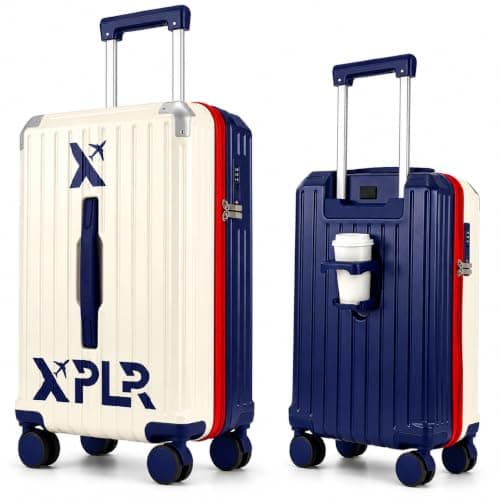 XPLR 55x34x24cm Cabin Suitcase - Hard Shell 20" Carry On Bag Luggage - USB Charging Port - Cup Holder - TSA Lock - 360° Wheels - Lightweight 2.8kg Hand Luggage for Travel (Heritage Navy)