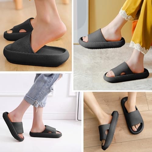 BHFRGAS Sliders Cloud Slippers Women Men，Non-Slip Mens Womens Slippers Cloud Sliders，Soft Flip Flops with Thick Sole for Shower Bathroom Pool Beach，Black, 3.5-4 UK — view 2