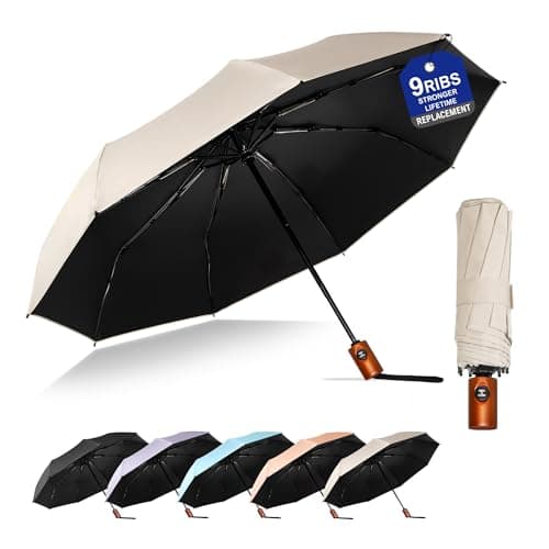 SoulRain Strong Windproof Travel Umbrella with Wooden Handle, Automatic Open Close Compact Folding for Rain & Sun UV Protection, Lightweight Durable Portable for Car, Backpack, Women & Men(Beige)