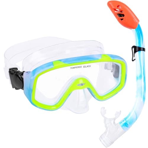 KUYOU Kids Snorkel Set Dry Top Snorkeling Gear,180°Panoramic Wide View Swimming Diving Mask for Kids Youth Boys Girls Junior Age 5-12 (Blue+Yellow)