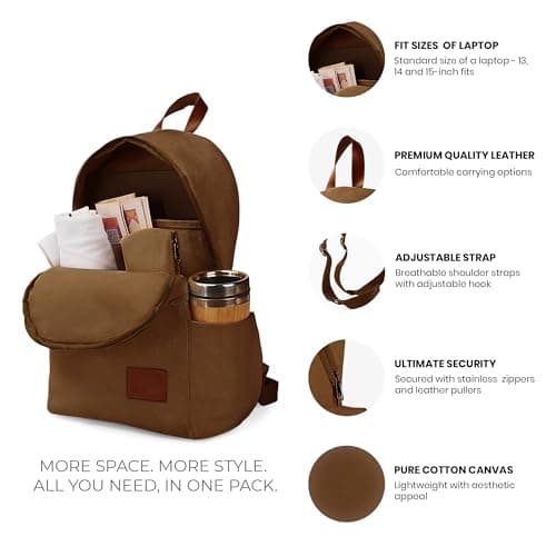 WooStyle Premium Cotton Canvas Backpack – Stylish, Lightweight, Multifunctional Laptop Bag, Extra Capacity. Fits 13”-15” inch Laptops. Unisex, All Ages. Includes Matching Pouch (Brown) — view 5