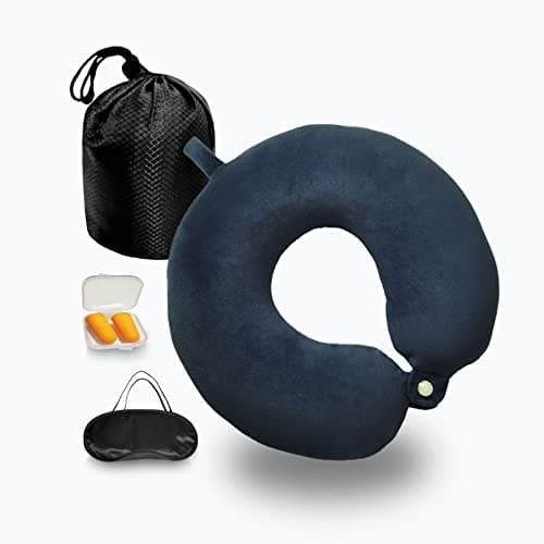 NavoX Travel Pillow Memory Foam Neck Pillow for Travel w/sleep mask/Earplug/Pouch, Neck Support Pillow Quick Pack Lightweight for Camping, Car, Airplane/Blue