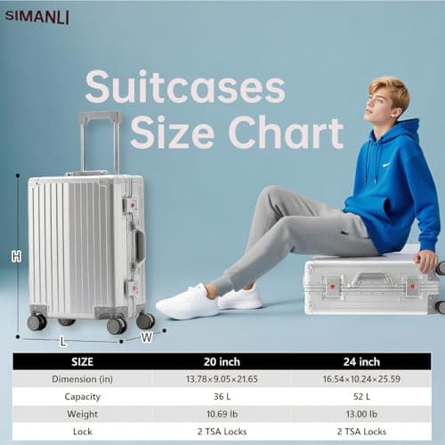 SIMANLI All Aluminum 20 inch Suitcases Carry On Luggage Hard Shell Suitcase Boardable Cabin Luggage with TSA Locks Silent Spinner Wheels (Silver,20 inch) — view 2