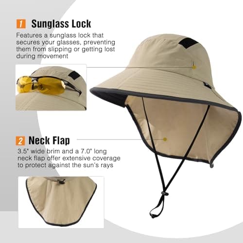 TOP-EX M/L/XL/XXL Unisex Mens Sun Hat for Women with Neck Flap Sunglass Lock UV Protection Wide Brim Outdoor Fishing Hats Waterproof & Packable Beige L/XL — view 3