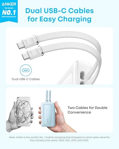 Anker Power Bank, 20,000mAh 45W Portable Charger,Dual Built-in USB-C Cables — view 2