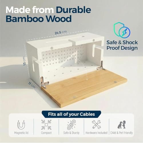 Cable Organiser Box Bamboo 24.5x13x11cm, White, Wall Fixings Included — view 6