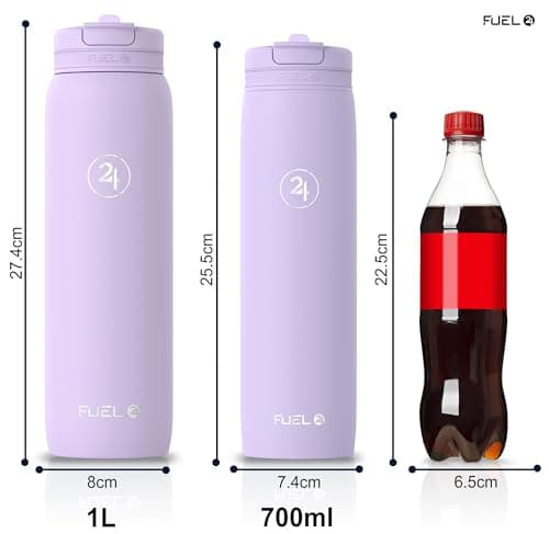 Fuel24 Duo - Stainless Steel Water Bottle 700ml or 1L - Vacuum Insulated Metal Flask with Straw (Dual use Lid) 1 Litre - for Sports, Gym, Work – Slim Design (Lavender, 700 ml) — view 4