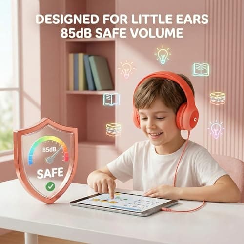 ADOOPE Wired Kids Headphones with USB C Plug, 85dB Safe Volume, Adjustable Headband, Tangle-Free Cord Headphones for School, Tablet, Travel (Coral Red & Soft Peach, Without Microphone) — view 2