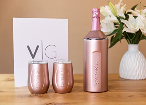 Vinglacé Wine Bottle Chiller Gift Set- Portable Stainless Steel Wine Cooler with 2 Stemless Wine Glasses, Rose Gold — view 5