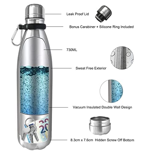 Domemit Diversion Safe Water Bottle Stainless Steel Stash Can, Portable Beach Travel Safe for Valuables with Hidden Compartment, Leak Proof Insulated Bottle for Hot and Cold Drinks, Sliver, 730ml — view 2