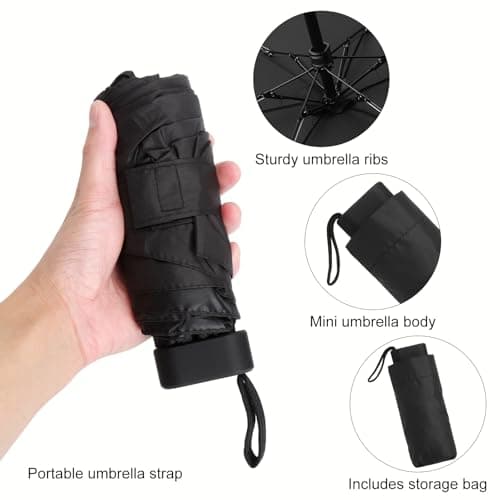 ZRUEWOT Manual Mini folding umbrella, pocket umbrella Black 6 Ribs, with Storage Bag UV Protection Portable Mini Travel Sturdy Pocket Umbrella Unisex Black — view 5