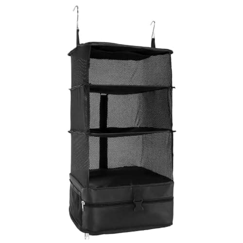 Jonuin Hanging Suitcase Organizer, 3-Shelf Instant Wardrobe with Metal Hooks, Portable Hanging Travel Shelves, Foldable Hanging Travel Storage Organiser for Clothes, Towels, Toys, Shoes (Black)