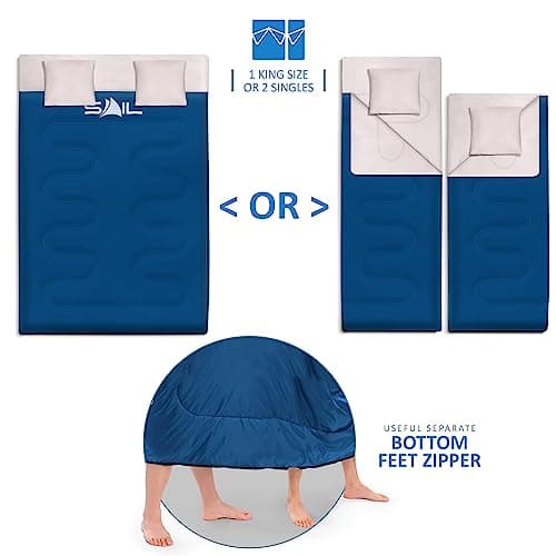 SAIL 3-4 Season Double Sleeping Bag with 2 Pillows - 2-in-1 King Size or 2 Single Person, 250GSM Design, Lightweight Waterproof Polyester - Professional Hiking, Camping & Backpacking Gear - Blue — view 3