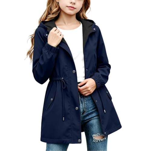 Navy Girls Waterproof Jacket Windproof Hooded Raincoat Outdoor 11 Years