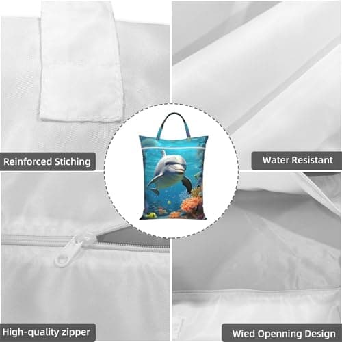 Dolphin and Coral Travel Laundry Bag for Dirty Clothes 1 PC, Foldable Waterproof Washable Wet Dry Bag with Handle Zippered Hanging Laundry Hamper for Travel, Gym, Swimming Pool — view 5
