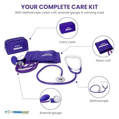 Primacare Medical DS-9197-PU Professional Classic Series Manual Adult Size Blood Pressure Kit, Emergency Bp kit with Stethoscope and Portable Leatherette Case, Nylon Cuff, Purple — view 3
