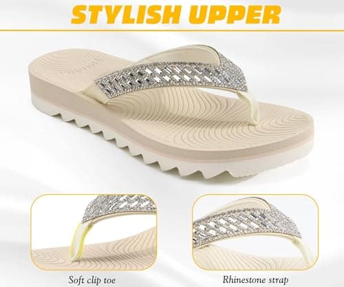 KuaiLu Womens Orthotic Flip Flops with Arch Support Yoga Mat Cushion Fashion Rhinestone Sandals Summer Walking Beach Travel Thong Slides Comfy Plantar Fasciitis Outdoor Sandle Beige White 6.5 — view 4