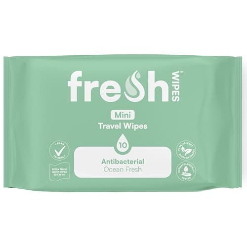 FreshWipes Mini Antibacterial Body Wipes for Adults 1 Pack (10 Wipes) - Biodegradable Wet-Wipes - Dermatologically Tested & Suitable for the Elderly or Disabled - Great for Camping (Ocean Fresh)