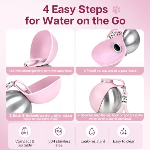 Foldable 2 in 1 Portable Dog Water Bottle, 285ml/10oz Stainless Steel Dog Travel Water Bottle, Leak-Resistant Travel Pet Water Dispenser with Foldable Silicone Bowl for Walking, Camping(pink) — view 4