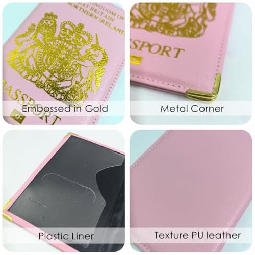 SamHeng British Passport Holder, UK Passport Wallet for Men Women, PU Leather Passport Cover for Travel (Pink) — view 5