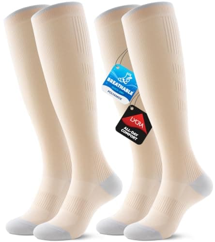 RUIXUE Compression Socks for Women and Men, 20-30 mmHg Cooling Flight Socks, 2 Pairs Graduated Socks for Travel, Sport, Nurse, Long Sitting(Swelling & Aches Relief), Beige, L-XL
