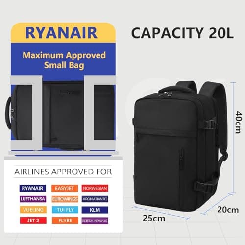 KIRFEIHT Cabin Bags 40x20x25 for Ryanair Underseat Carry-Ons Travel Backpack - Hand Luggage Backpack Cabin Bag Size 20L - Daypack School Office Bag with USB Port - Black — view 2