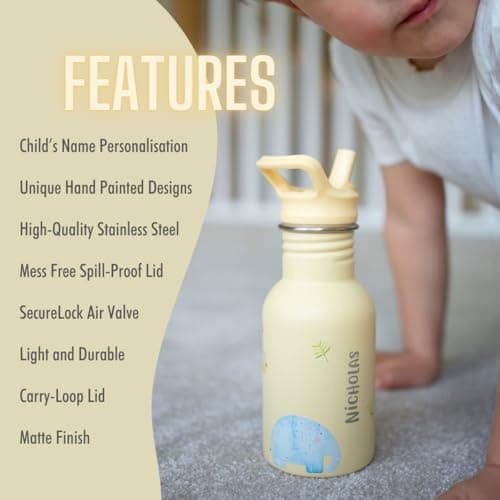 J.Børn Personalised Bottle With Straw For Kids 350ML | Hand-Painted Designs | Single-Skinned, Food-Grade Stainless Steel Bottle | Light Weight Water Bottle | Leak-Proof Bottle (Safari) — view 3