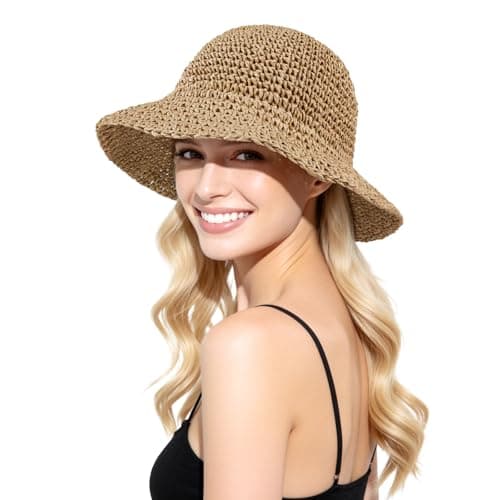 AYPOW Womens Sun Straw Hat Foldable Bucket Hats Summer UV Protection Beach Hat Comfortable Ladies Breathable Sun Visor for Outdoor Travel Camping Khaki
