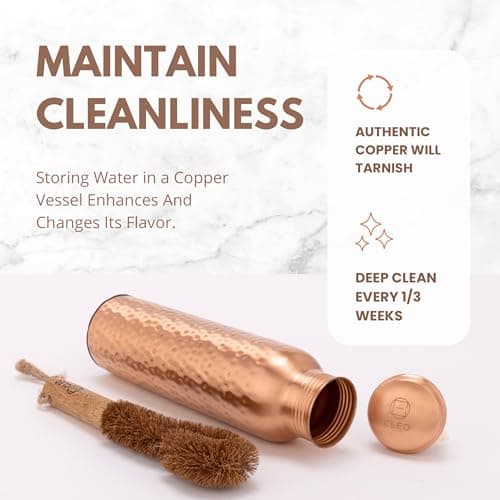 AVA DESIGNZ Hand Hammered Pure Copper Water Bottle 950ml – Ayurvedic Leakproof Sports Water Bottle | BPA Free Large Water Bottle for Yoga Travel Office Canvas Bag with Pocket & Card Holder, Brush Set — view 4