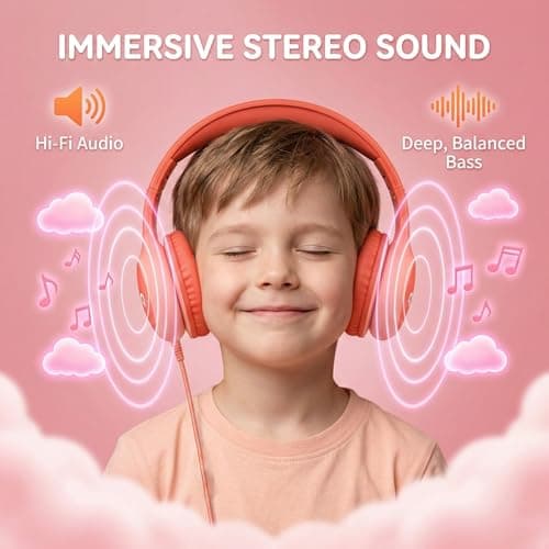 ADOOPE Wired Kids Headphones with USB C Plug, 85dB Safe Volume, Adjustable Headband, Tangle-Free Cord Headphones for School, Tablet, Travel (Coral Red & Soft Peach, Without Microphone) — view 3
