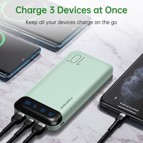 Portable Charger 10000mAh Slim USB C Input and Output Power Bank with LED Display Lightweight External Battery Pack Compatible for iPhone 14/13/12, iPad, Samsung etc. (green) — view 3