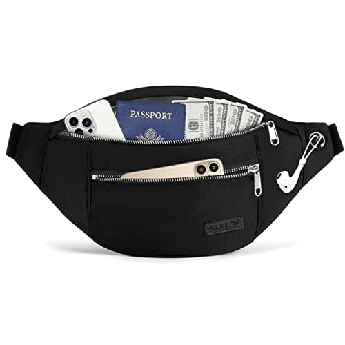 MAXTOP Large Bumbag Waist Fanny Pack Running Belt for Men Women Unisex Bum Bag with Headphone Jack and 4-Zipper Pockets Adjustable Belt for Travel Running Jogging Workout Hiking Gifts Iron Black