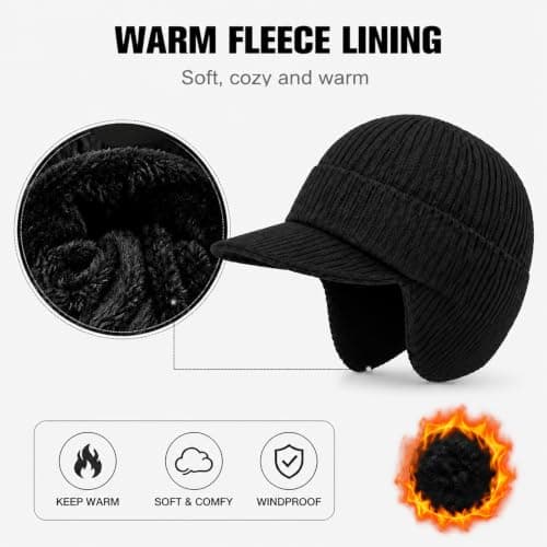 DOINEUFL 2 Pack Beanie Hat Men with Brim and Ear Covering, Thermal Mens Fleece Lined, Hats for Men UK Winter Caps, Warm Winter Beanie — view 4
