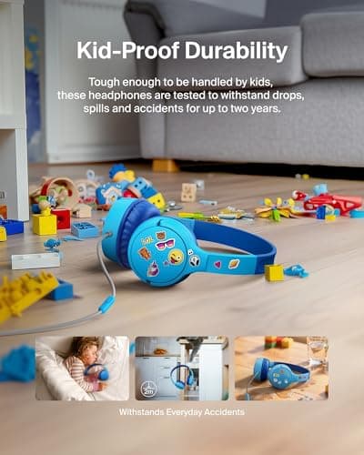 Belkin SoundForm Mini Kids Wired Headphones with USB-C to 3.5mm Dongle, Built-in Mic & Fun Stickers, 85dB Max Volume – for Online Learning, Travel, Compatible with iPhone, iPad, Galaxy, etc - Blue — view 5