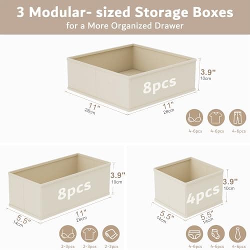 XIVIRACK 20 Pack Drawer Organizer for Clothes, Underwear Drawer Organizer Bins, Foldable Fabric Closet Storage Organizers, Drawer Dividers for Bras Undies Socks Ties, Beige — view 2