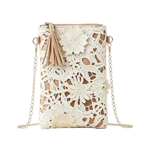 BSITSSS Crossbody Bag,Cut-Out Weave Flowers Cross Body Bag Women with Zipper, Leather Brown Mobile Phone Beach Bags with Metal Chain for Ladies Summer Beach Holiday Travel Dating