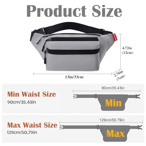 Risipu Bum Bag for Men Women, Lightweight Water-Resistant Waist Packs with Adjustable Belt & 3 Zipper Pockets, Fashionable Fanny Pack for Travel, Running, Hiking, Cycling (Grey) — view 3