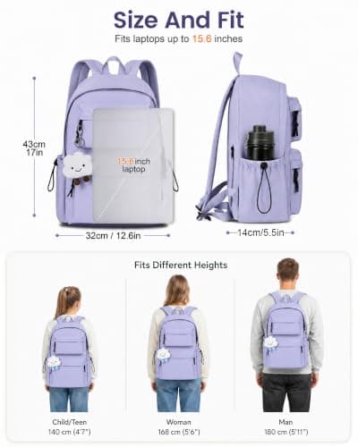 FIORETTO Backpack Womens School Bag Girls Boys, Lightweight Water-Resistant Fits 15.6” Laptop Large Capacity Rucksack with Anti-Theft Pocket, Ideal for School College Commuting Travel Purple — view 6