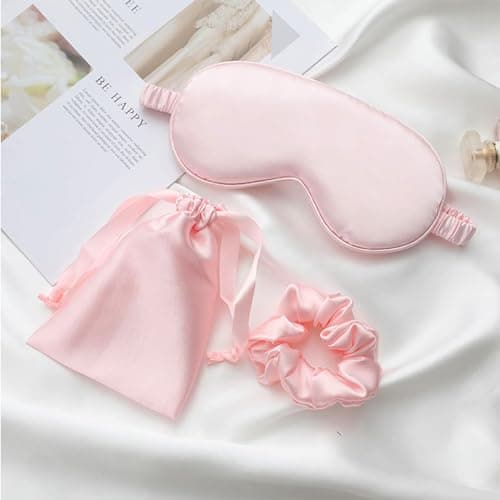 Silk Eye Mask for Sleeping, 3 Pcs Sleep Mask Set Super Soft Eye Masks Silk Sleep Eye Mask with Hair Scrunchie and Travel Pouch for Women Girls (Pink) — view 4