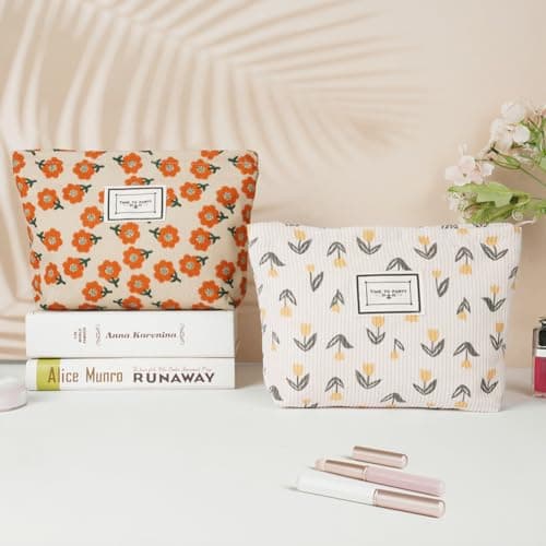 Aucuu Cosmetic Bags, 2 Pcs Small Floral Canvas Cosmetic Bag, Rose Flower Printing Corduroy Toiletry Bag, Multifunctional Travel Makeup Bag with Metal Zipper for Women Girls Gift — view 4