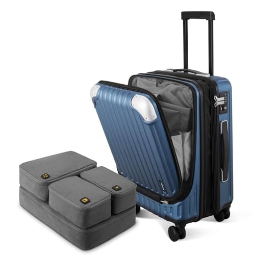 LEVEL8 Carry on Suitcase Expandable with 4pcs Luggage Organiser Set, 55CM Hand Case with Laptop Compartment ABS+PC Hardshell Spinner Cabin Size with 4Wheel TSA, Blue
