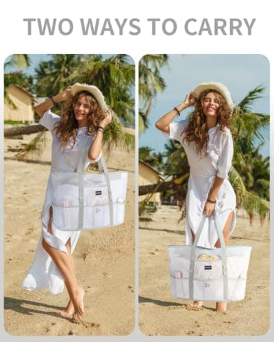 Large Beach Bag with Zip Mesh Beach Bags for Women Men Family, L White — view 6